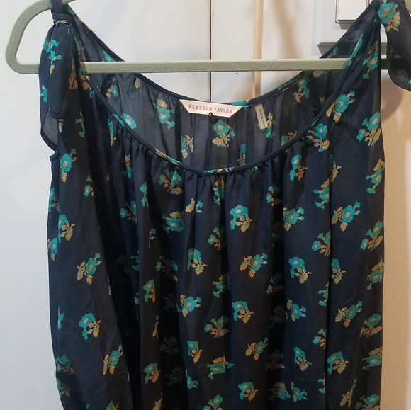Rebecca Taylor Navy Floral Cold Shoulder Silk Top - Picture 2 of 4